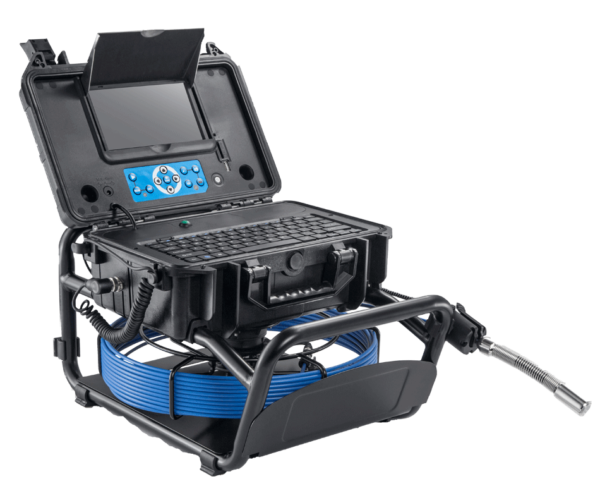 Scout 3 sewer inspection camera with a blue cable and black control box